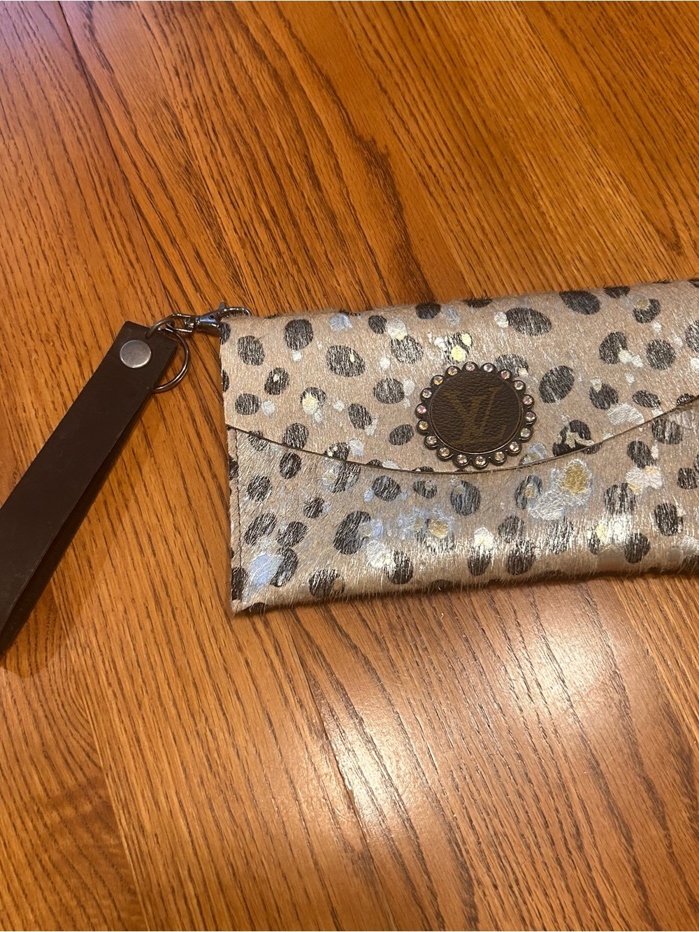 LEOPARD Spot Metallic Haircalf Wristlet Clutch with up-cycled LV Logo Medallion - Picture 2 of 4